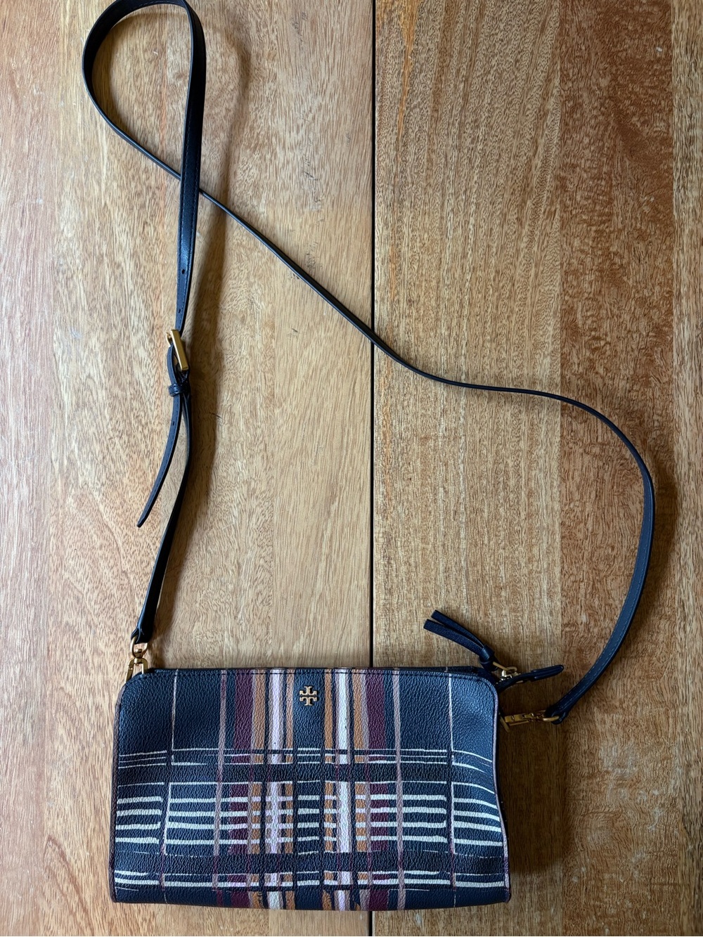Tory Burch Navy & Multi Philly Plaid Kerrington Crossbody with Gold Hardware